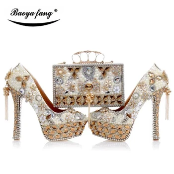 Lüks kristal düğün ayakkabı eşleşen çanta ile kadın moda Yüksek topuklu Kadın parti elbise ayakkabı yuvarlak ayak platform ayakkabılar