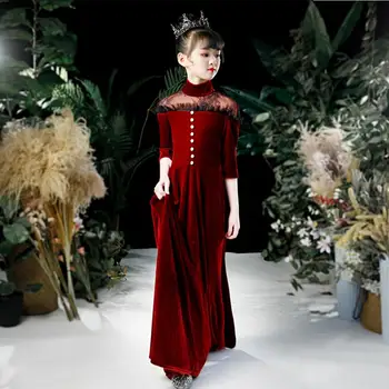 Lüks zarif Kız Prenses Abiye giyim Dantel Örgü Dikiş Doğum Günü Partisi Podyum Elbise Kızlar İçin Şarap kırmızı vestidos Y2842