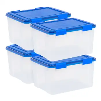 Mavi Kapaklı 4 adet WeatherPro™ Conta Şeffaf Plastik Saklama Kutusu Seti - 46 Litre: Geniş ve Dayanıklı Organizasyon