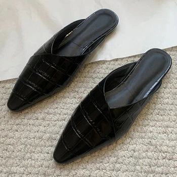 Maxdutti 2023 Fransız Vintage Terlik Kadın İlkbahar Yaz Moda Hakiki Deri Sivri Timsah Desen Katır düz ayakkabı