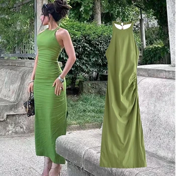 Maxdutti Fransız Seksi Backless Midi Elbise Kadınlar Yeşil Elbise Bayanlar Püskül Seksi Halter Boyun Yaz