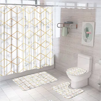Mermer Banyo Duş Perde setleri Altın Geometrik Çizgiler Modern Lüks Ekran Kaymaz Banyo Paspas ayaklı kilim Kapak Tuvalet Kapağı