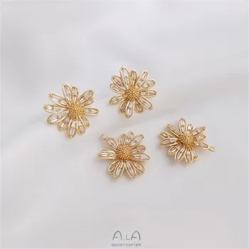 Mikro kakma zirkon 14K altın üç boyutlu papatyalar 925 gümüş pin küpe çiçek şekilli kolye el yapımı kolye kolye