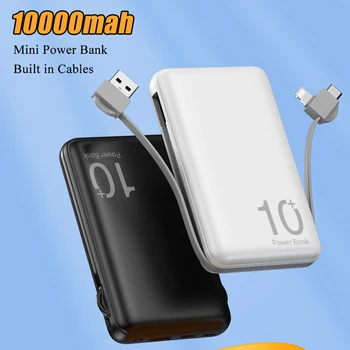 Mini Güç Bankası 10000mAh Powerbank Dahili Kablolar Taşınabilir Şarj Cihazı harici Pil Paketi iPhone 14 13 12 Xiaomi 9 Poverbank