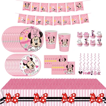Minnie Mouse Disney Tema Doğum Günü Partisi Malzemeleri Tek Kullanımlık sofra Süslemeleri Kızlar için Parti Malzemeleri Plaka Balon Dekor