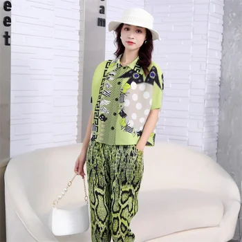Miyake issey miyake Pilili Takım Elbise Kadın 2023 Yaz Moda Baskı Hırka Üst Yüksek Bel dar pantolon Tasarım Katmanlı Rahat İki Parçalı