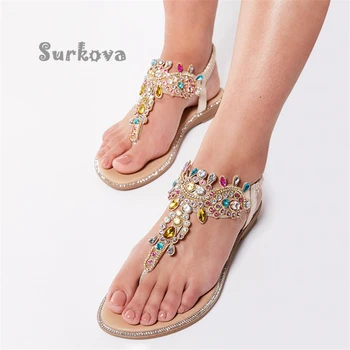 Moda Elmas Flip Flop Renkli Kristal Parti plaj sandaletleri Tatlı Kawaii Yuvarlak Ayak düz ayakkabı Rahat Ayak Bileği Wrap Elbise Ayakkabı