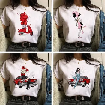 Moda Kız Araba Grafik T-Shirt Kadın Giyim Harajuku Kısa Kollu Y2k Üstleri Yaz O-boyun Rahat T Shirt Bayan Büyük Boy Tees