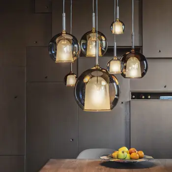 Modern LED Süspansiyon Lambası Restoran Duman Gri Kapalı Ada Asılı aydınlatma armatürleri Yuvarlak cam küre Mutfak