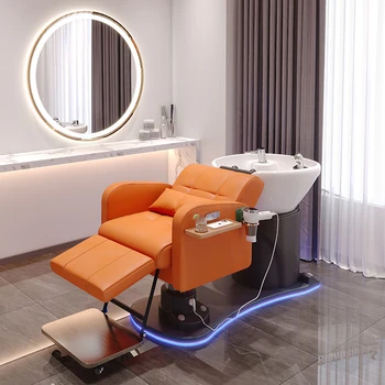Modern lüks turuncu deri berber dükkanı salon mobilyaları yıkama yatağı elektrikli şampuan sandalye