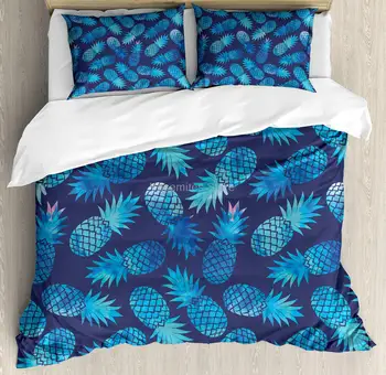 Modern Yorgan yatak örtüsü seti, Ananas Desen Egzotik Meyve Dijital Suluboya Çizim, Dekoratif 3 Parça nevresim takımı ile