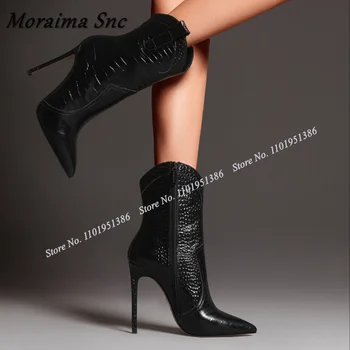 Moraima Snc Siyah Taş Baskı yarım çizmeler Yan Fermuar Çizmeler Diz Yüksek Sivri Burun Ayakkabı Kadınlar ıçin Yüksek Topuklu Zapatillas Mujer