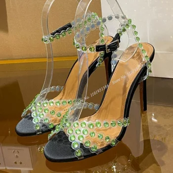 Moraima Snc Yeşil Şeffaf PVC Kristal Sandalet Ayak Bileği Toka Ince Yüksek Topuk Ayakkabı Kadın Topuklu Ayakkabı Topuklu Zapatillas Mujer