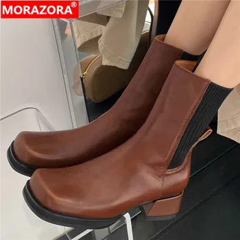 MORAZORA 2023 Yeni Hakiki Deri Chelsea Çizmeler Kadın Kare Med Topuklu Platform Çizmeler Kadın Üzerinde Kayma Karışık Renkler yarım çizmeler