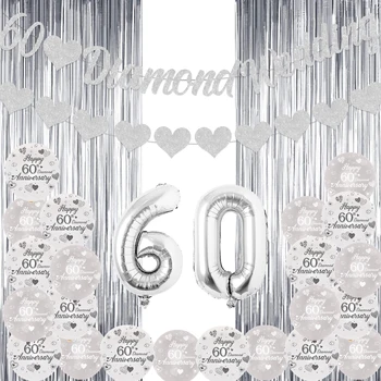 Mutlu 60th Düğün Yıldönümü Süslemeleri Glitter 60th Elmas Düğün Afiş 60 Numarası Mektup Folyo Balon Gümüş Perde