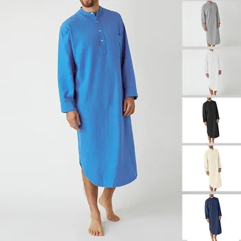 Müslüman erkek giyim uzun kollu düğmeli katı Arap gömlek erkek bornoz Jubba Thobe