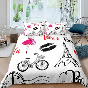 Nevresim takımı Paris Şehir Polyester Yapı Seti Kızlar için Fransa Kentsel Tarzı Eyfel Kulesi Yorgan yatak örtüsü seti Kral Aşk Kalp