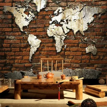 Nostaljik Kırmızı Tuğla Arka Plan Dünya Haritası Duvar Kağıtları Restoran Cafe Bar için Endüstriyel Dekor duvar kağıdı Papel De Parede 3D