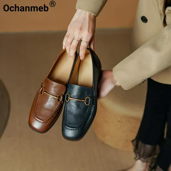 Ochanmeb Kadınlar doğal hakiki deri makosenler Marka Tasarımcısı Metal Zincir Düşük Topuklu Ayakkabılar Kare Ayak Pompaları Bayanlar için 2023 Günlük