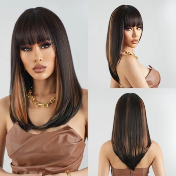 Orta Uzunlukta Düz Sentetik peruk Kahverengi Sarışın Vurgulamak Saç kahküllü peruk Kadınlar için Cosplay İsıya Dayanıklı Peruk