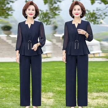 Orta Yaşlı Anne Yaz Takım Elbise Yabancı 2023 Yeni Orta yaşlı ve Yaşlı Kadın İlkbahar / Yaz İnce Moda High End İki Parçalı Set