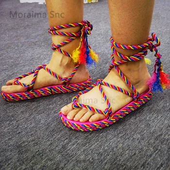 Pamuk Dokuma Kama Sandalet Kadın Ayakkabı Etnik Tarzı Espadarille Düz Ayak Bileği Kayışı Lüks Tasarım Yaz Plaj seyahat ayakkabısı