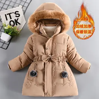 Pamuklu ceket Kızlar İçin Kış Parkas Snowsuit Çocuklar İçin Moda Kürk Yaka Kapşonlu Uzun Kız Ceket 4-12 Yıl çocuk giyim