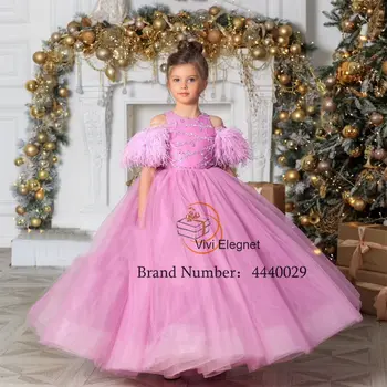 Payetli Kürk Organze Communion Elbise Kızlar Bir Çizgi Pembe Kısa Kollu Çiçek Kız Elbise 2023 Kış Scoop Noel Elbisesi فساتي