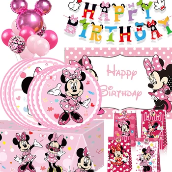 Pembe Minnie Mouse Parti Süslemeleri Doğum Günü Tek Kullanımlık Sofra Kağıt Tabak Peçete Balonlar Afiş Kız Çocuklar için Bebek Duş