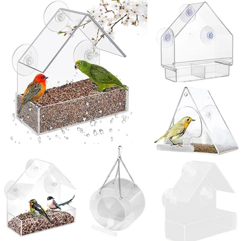 Pencere Kuş Besleyici Ev Şekli Hava Koşullarına Dayanıklı Şeffaf Vantuz Açık Kuş Besleyiciler Asılı Kuş Yuvası Dış Bahçe İçin