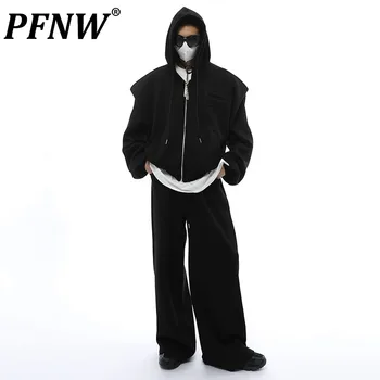 PFNW Katı Renkli Örme Kapşonlu Ceketler erkek Yüksek Sokak Kısa Palto İpli Sweatpants Erkek 2 Adet Setleri 2023 Sonbahar 28W1062