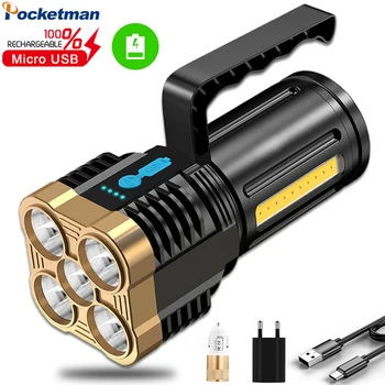POCKETMAN Güçlü 5 LED+Yan COB LED el feneri El USB Şarj Edilebilir El Feneri Su Geçirmez Meşale Dahili Pil ile