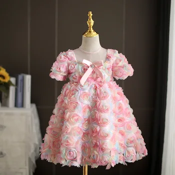 Prenses Pageant Elbise ile Çocuklar Kızlar için Çiçek ve Tül Kısa Abiye giyim Zarif Çocuk Lüks Resmi Durum Elbise