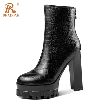 PRXDONG 2022 Yeni Sonbahar Kış Sıcak yarım çizmeler Hakiki Deri Tıknaz Yüksek Topuk platform ayakkabılar Siyah Beyaz Çalışma kısa çizmeler