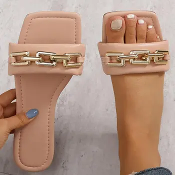 PU Deri kadın Kare düz ayakkabı Yaz Moda Zincir Flip Flop Kadın Burnu açık Lüks Terlik Kızlar Rahat Slaytlar Sandalet