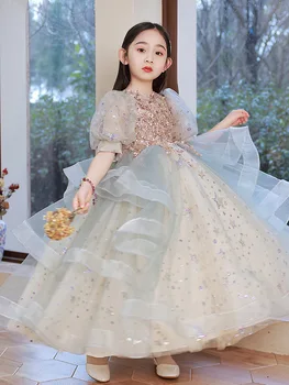 Pullu Dantel Prenses Elbise Kız Doğum Günü Düğün Nedime Elbisesi Genç Zarif Resmi Performans Kostüm Akşam Parti Elbisesi