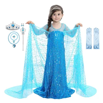 Pullu Kuyruk Cadılar Bayramı Elsa Elbise Kız Kostüm Fantezi Parti Prenses Elbiseler Zarif Uzun Kollu Örgü Balo Elbise Kız Giysileri