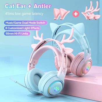 QearFun RGB Kedi Araba Kulaklık Kulaklık Oyun kablosuz mikrofonlu kulaklıklar y2k Oyun Kız Boynuz Bluetooth oyun kulaklıkları