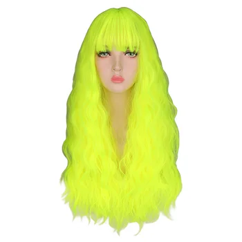 QQXCAIW Kinky kıvırcık peruk doğal uzun ıpeksi Neon sarı renk ısıya dayanıklı saç sentetik peruk