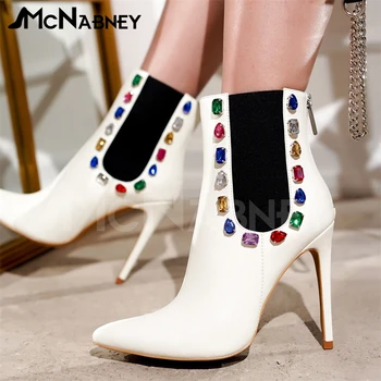 Renkli Mücevher yarım çizmeler Elastik Bant Çizmeler Sivri Burun Stiletto Zarif Beyaz Deri Kış Ayakkabı Kadınlar için Özel Renk Ayakkabı