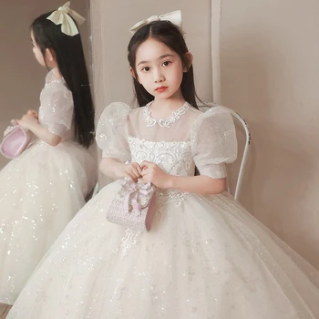 Resmi Elbise Çiçek Çocuk Düğün Kız 2023 Yeni Şampanya Dantel Örgü Prenses Elbise Çocuk Ana Piyano Performansı Balo