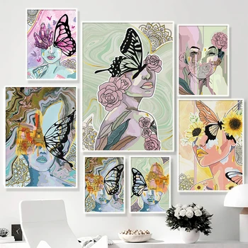 Retro Kadın Hattı Portre Sanat Posterleri duvar sanatı tuval yağlıboya Kelebek Çiçek İskandinav Ve Baskılar Resimleri İçin Oturma Odası Dekor