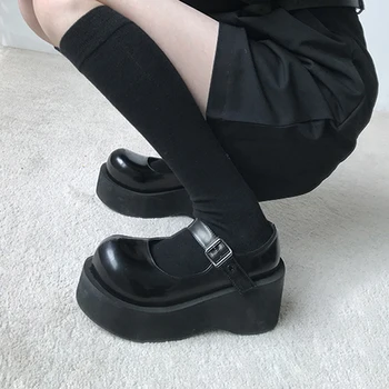 Retro Lolita Ayakkabı Harajuku Büyük Kafa Bebek Ayakkabıları Rahat Sürüngen serseri ayakkabı Bayanlar Takozlar Platformu Yüksek Topuklu Gotik Siyah Çizmeler