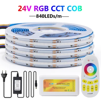 RGB CCT COB LED Şerit 24V 840LEDs Dokunmatik RF Uzaktan Kumanda İle Güç Kiti Esnek FCOB LED bant ışık Kısılabilir Lineer Şerit
