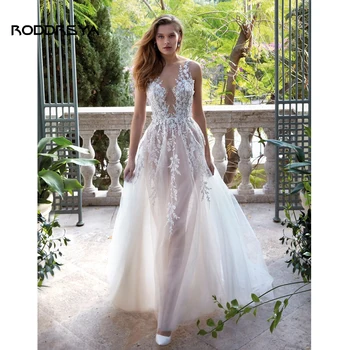 RODDRSYA A-Line Kolsuz düğün elbisesi Derin V Yaka Dantel Aplike Çiçek Illusion Düğme Geri Seksi gelin kıyafeti Vestido De Noiva