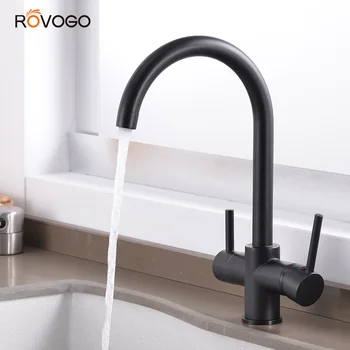 ROVOGO Mat Siyah Çift Saplı Filtreli Vinç Mutfak, 360 Rotasyon su filtresi musluğu Üç Yollu lavabo bataryası Mutfak Musluk