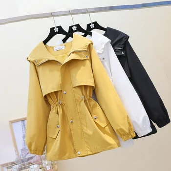 Rüzgarlık Kadın Orta Uzunlukta kapüşonlu ceket 2023 Yeni Bahar ve Sonbahar Kore Versiyonu Gevşek Bel Gösterisi İnce İş Giysisi Dış Giyim Trend