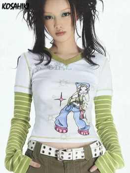 Sahte İki Adet Yama Uzun Kollu Tişörtleri Kadın Harajuku Grafik Tee Y2k Üstleri Estetik Egirl Yaz ince tişört Goth
