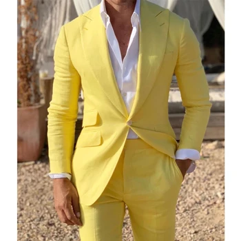 Sarı Keten Plaj Erkek Takım Elbise Yaz 2023 2 Parça Slim Fit Erkek Moda Blazer Pantolon ile Zarif Düğün Smokin damat için Yeni