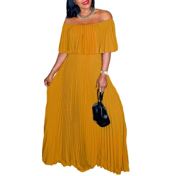 Sarı Polyester Afrika Elbiseler Kadınlar için Yaz Moda Stil Afrika Kadınlar Kısa Kollu Pilili uzun elbise Maxi Elbise S-3XL